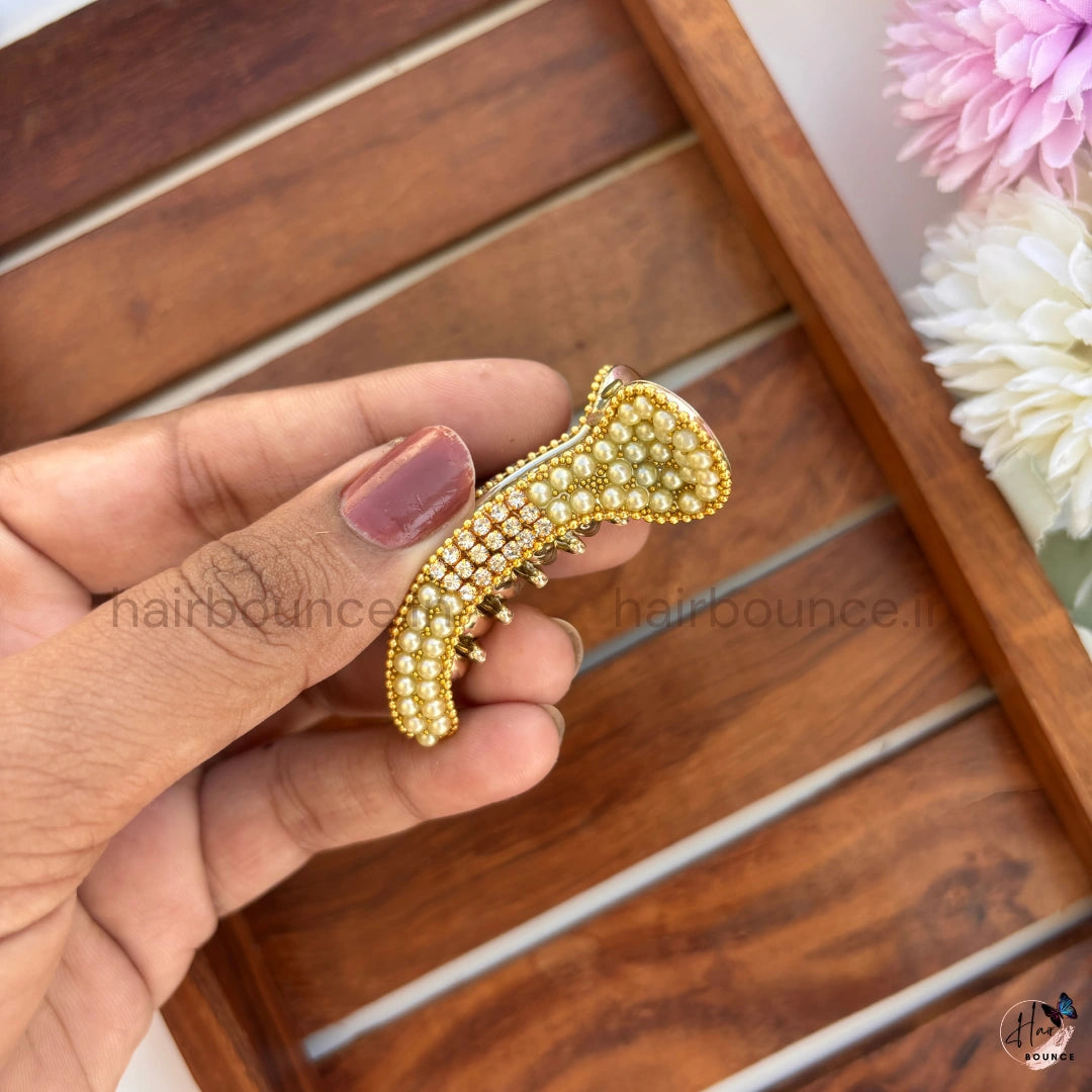 Elegant Pearl Crystal Curved Hair Claw – Premium Designer Banana Hair Clip