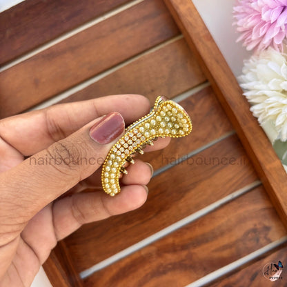 Elegant Pearl Crystal Curved Hair Claw – Premium Designer Banana Hair Clip