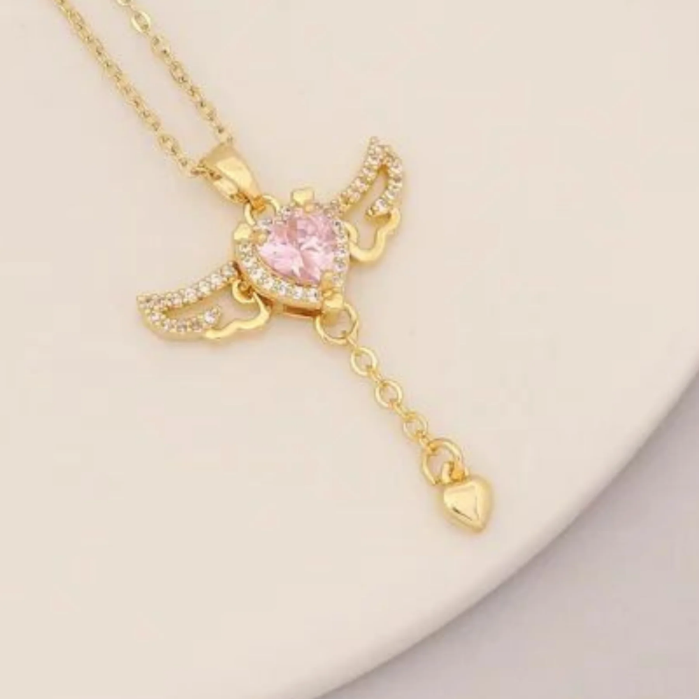 Pink Stone Heart with Wings Necklace