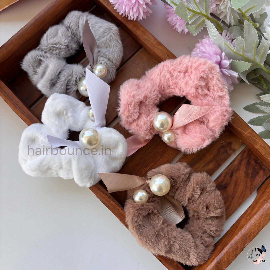 Pearl Bow Fur Scrunchie