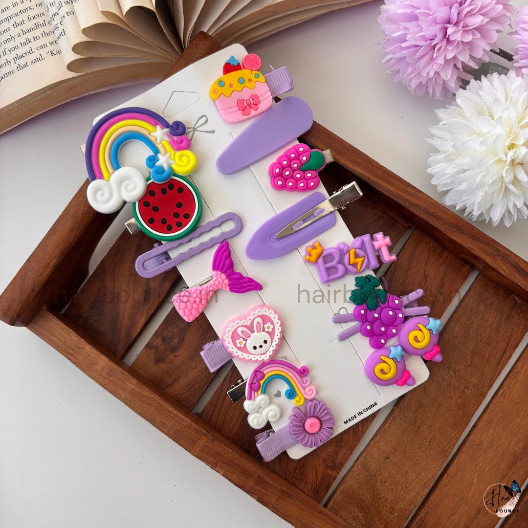 Ultimate Kawaii Cartoon Hair Clip Combo – 14 Pieces / Purple Mix