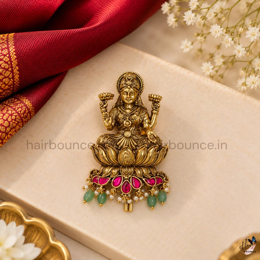 Premium Goddess Lakshmi Lotus Kemp Hair Brooch with Green Beads