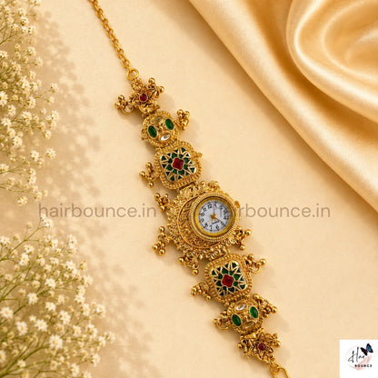 Antique Gold Kundan Red & Green Stone Traditional Jewellery Watch