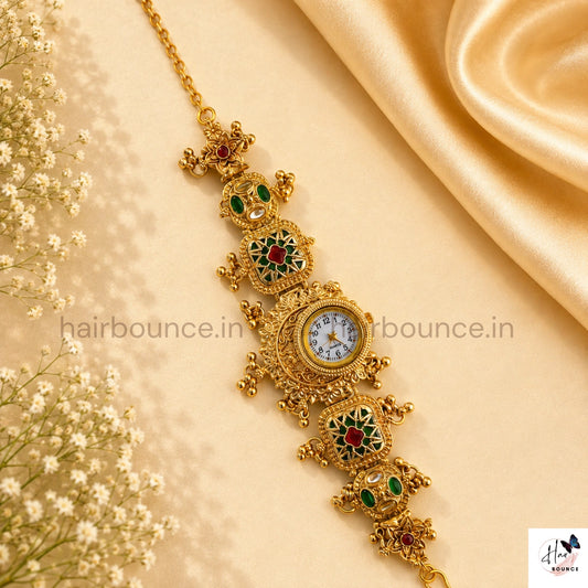 Antique Gold Kundan Red & Green Stone Traditional Jewellery Watch
