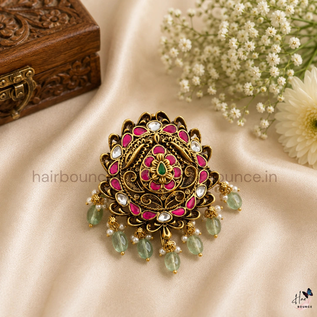 Royal Peacock Kemp Jada Billa with Green Beads & Kundan Stones