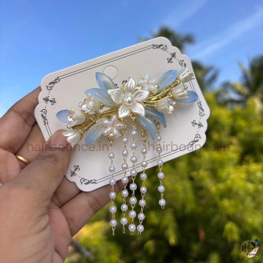 Pearl Lily Blossom Tassel Hair Clip with Dangling Chains
