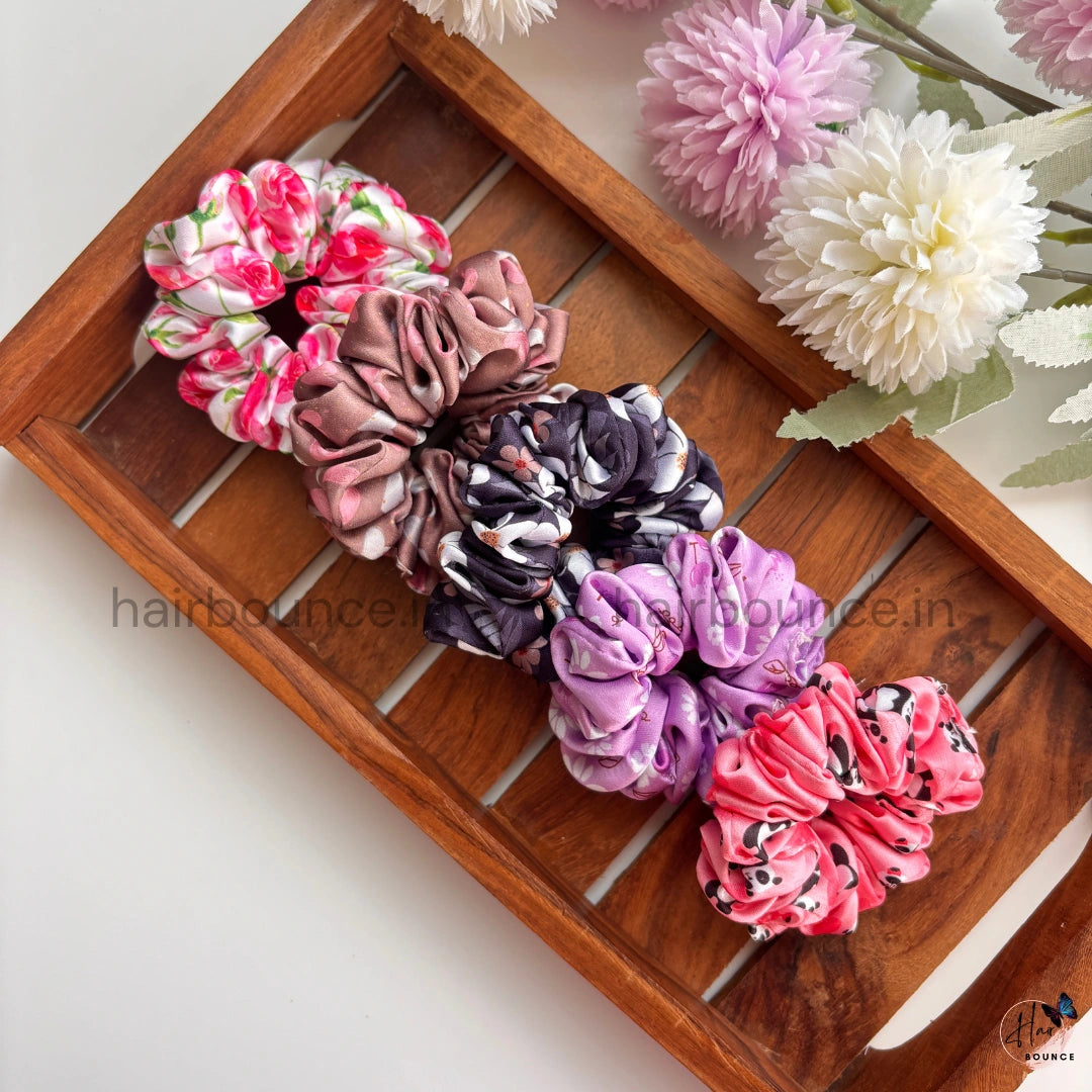 Bloom & Bliss Printed Satin Scrunchie Set – Pack of 5 (Small)