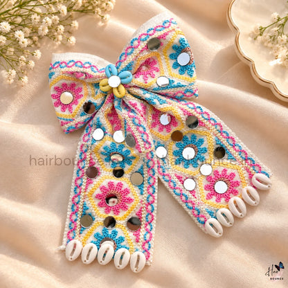 Navaratri Mirror Work Embroidered Hair Bow with Cowrie Shells