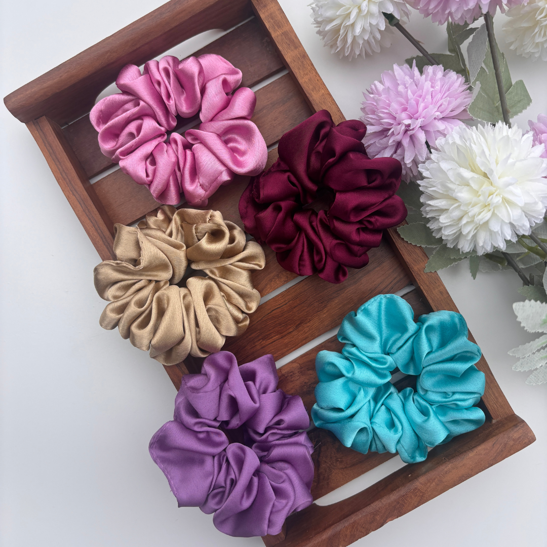 Everyday Solid Satin Scrunchies – Set of 5 (Regular)