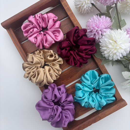Everyday Solid Satin Scrunchies – Set of 5 (Regular)