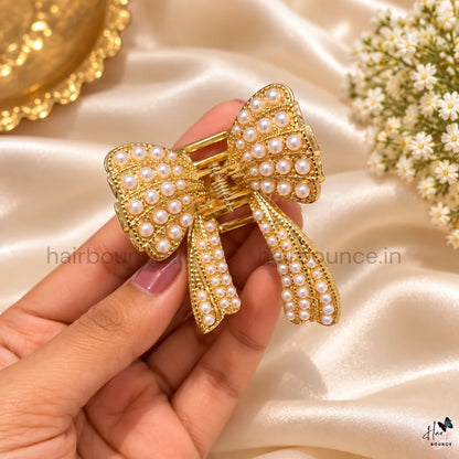 Pearl Bow Metal Hair Claw – Medium
