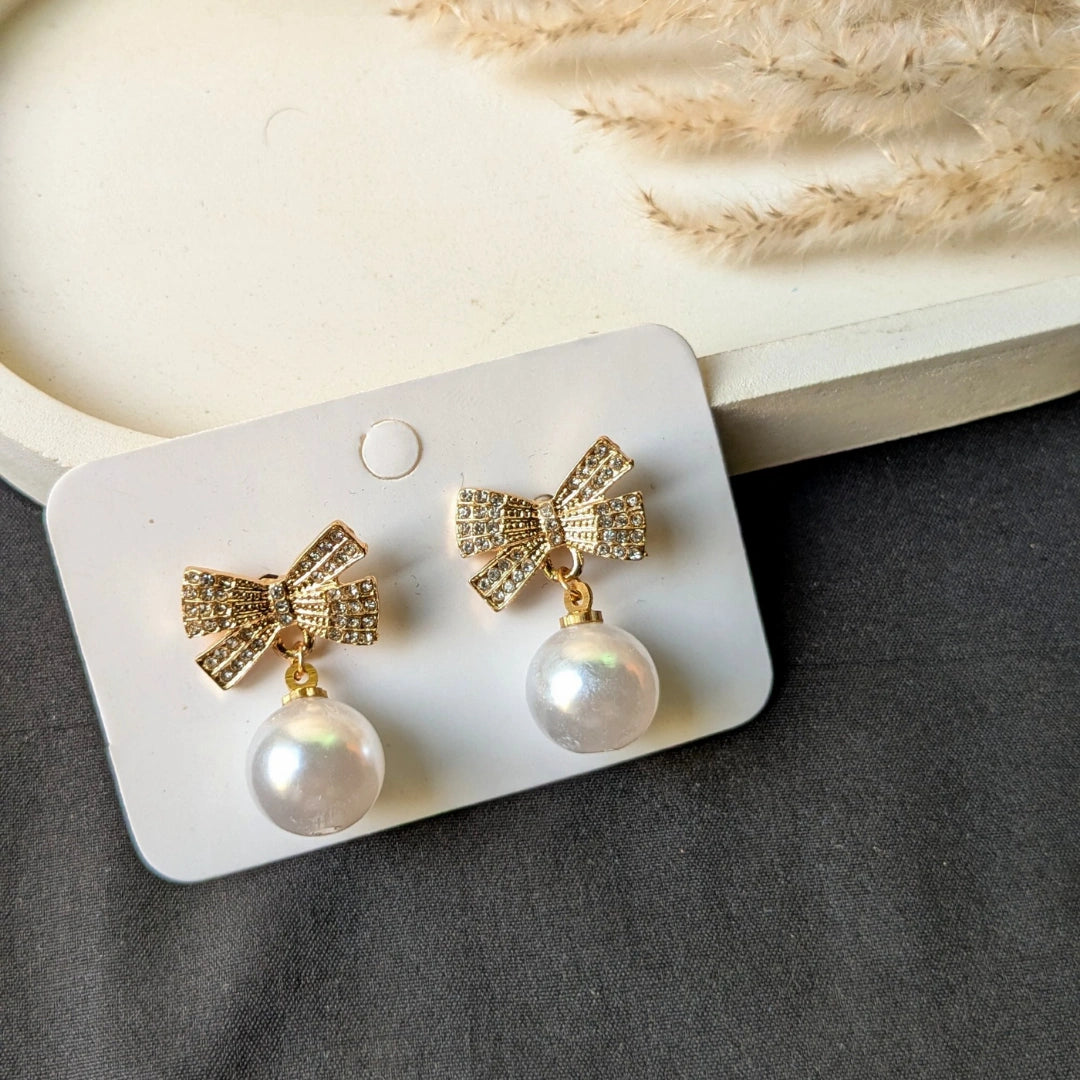 Golden Bow Pearl Drop Earrings for Women