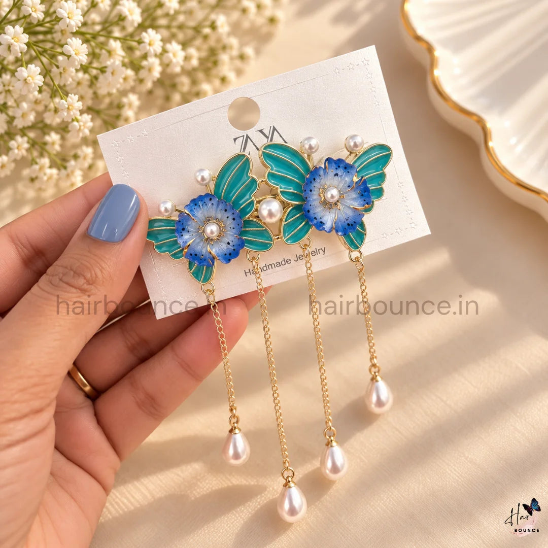 Butterfly Blossom Floral Hair Clips with Pearl Hangings