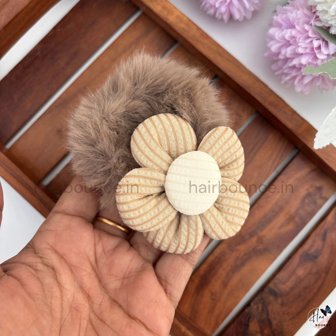 Bloom Fluff Fur Scrunchie | Soft Plush Floral Hair Scrunchie for Women & Girls