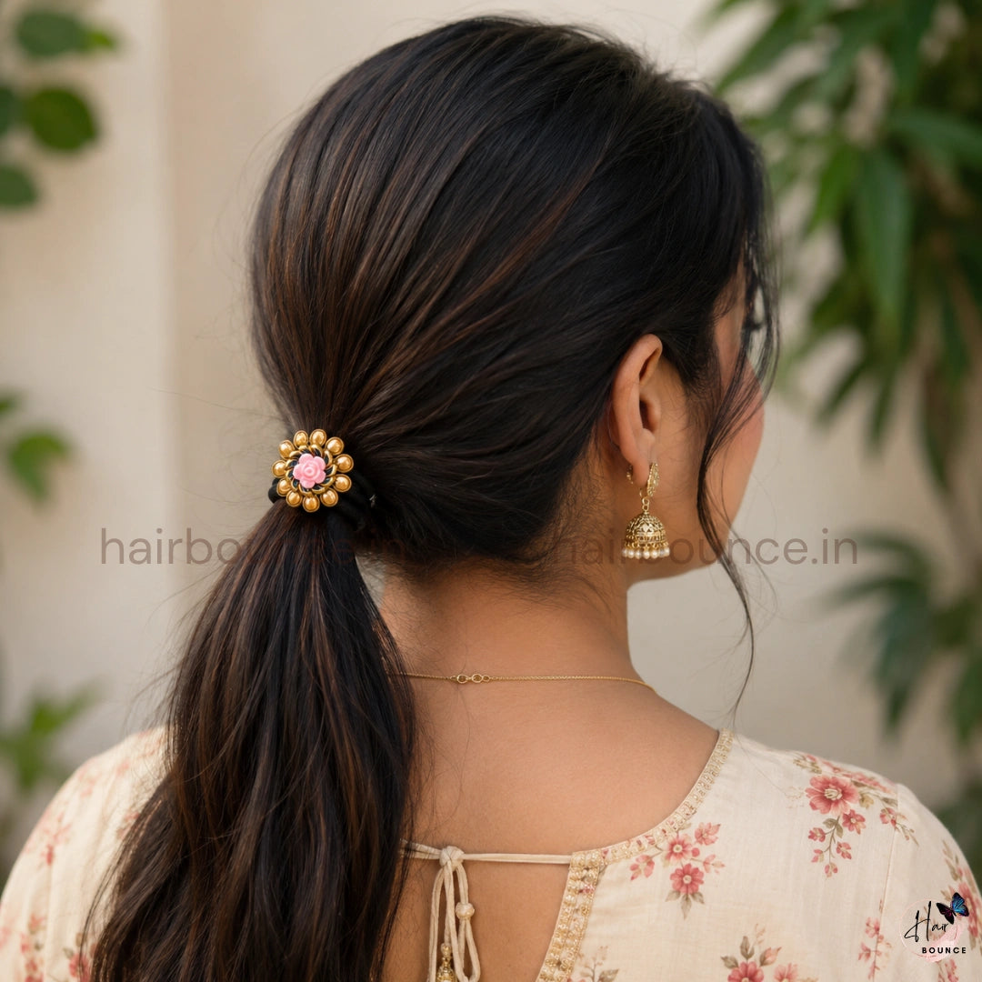 Kundan Hair Tie with Pink Rose
