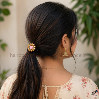 Kundan Hair Tie with Pink Rose