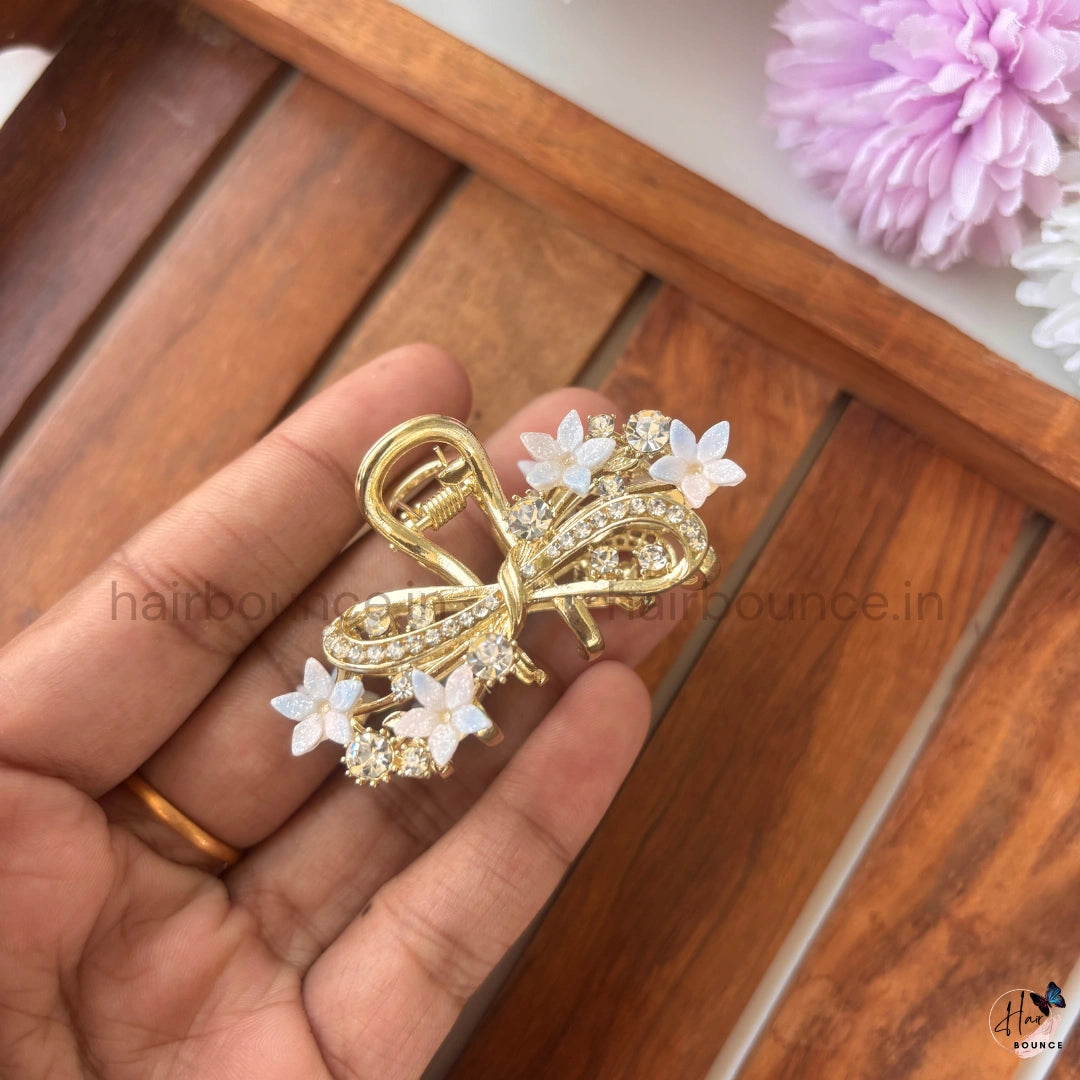 Royal Crystal Floral Bow Metal Hair Claw – Medium