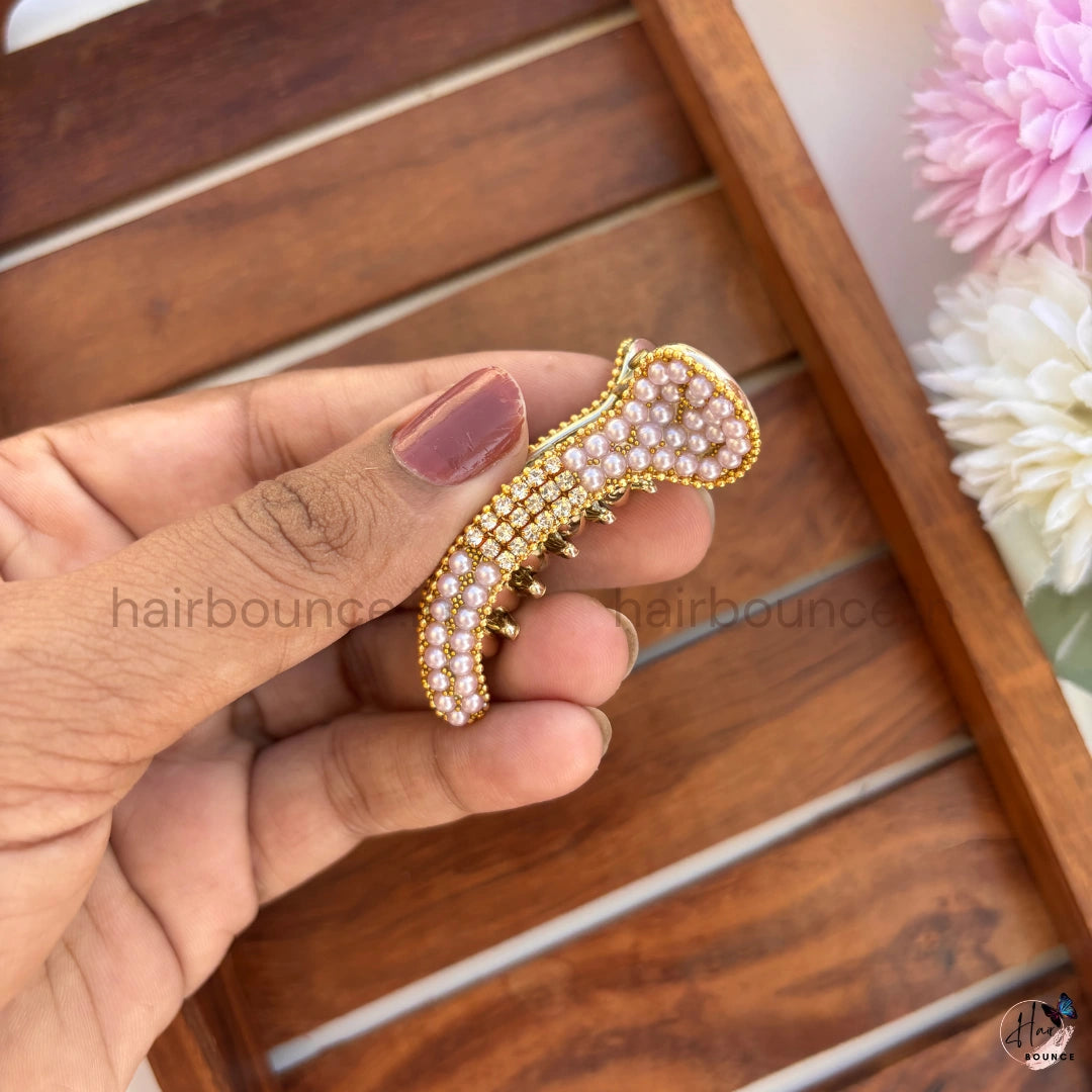 Elegant Pearl Crystal Curved Hair Claw – Premium Designer Banana Hair Clip