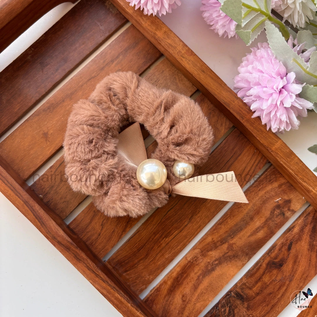 Pearl Bow Fur Scrunchie