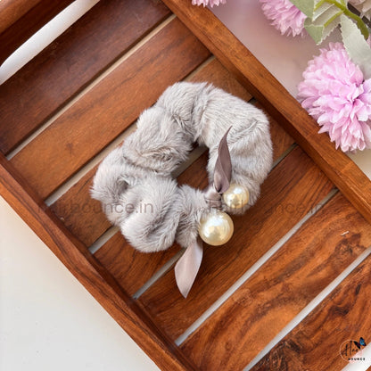 Pearl Bow Fur Scrunchie