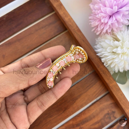 Vintage Rose Pearl Curved Hair Claw – Luxury Floral Banana Hair Clip