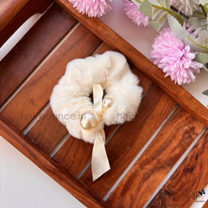 Pearl Bow Fur Scrunchie