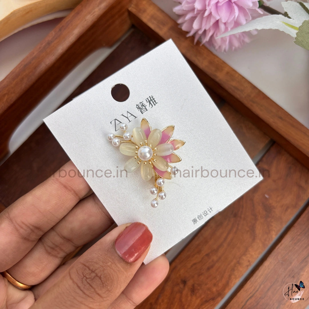 Elegant Pearl Floral Brooch with Crystal Drops