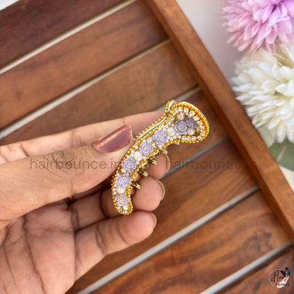 Vintage Rose Pearl Curved Hair Claw – Luxury Floral Banana Hair Clip