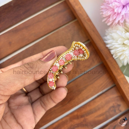 Vintage Rose Pearl Curved Hair Claw – Luxury Floral Banana Hair Clip