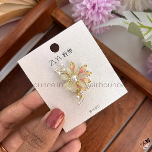 Elegant Pearl Floral Brooch with Crystal Drops