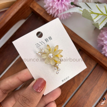 Elegant Pearl Floral Brooch with Crystal Drops