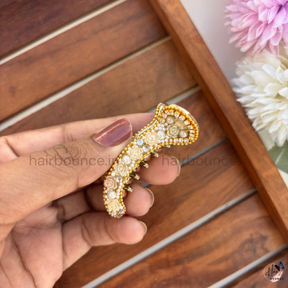 Vintage Rose Pearl Curved Hair Claw – Luxury Floral Banana Hair Clip