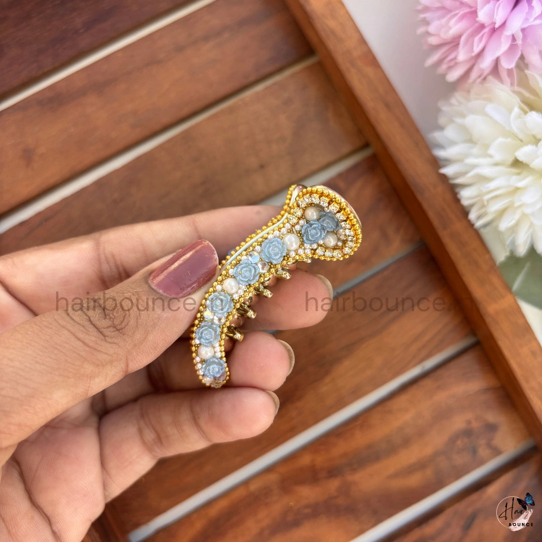 Vintage Rose Pearl Curved Hair Claw – Luxury Floral Banana Hair Clip