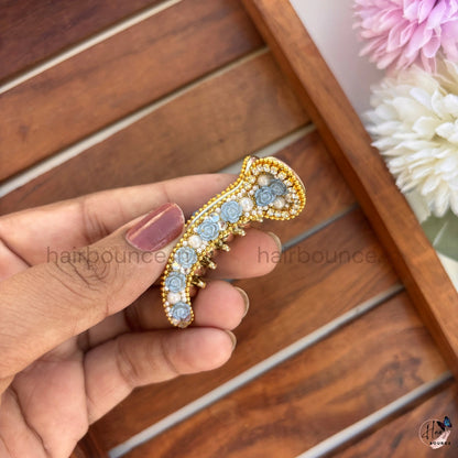 Vintage Rose Pearl Curved Hair Claw – Luxury Floral Banana Hair Clip