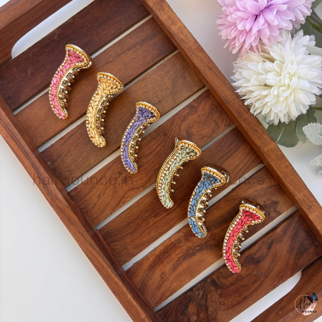 Pastel Mosaic Curved Hair Claw – Luxury Designer Banana Hair Clip