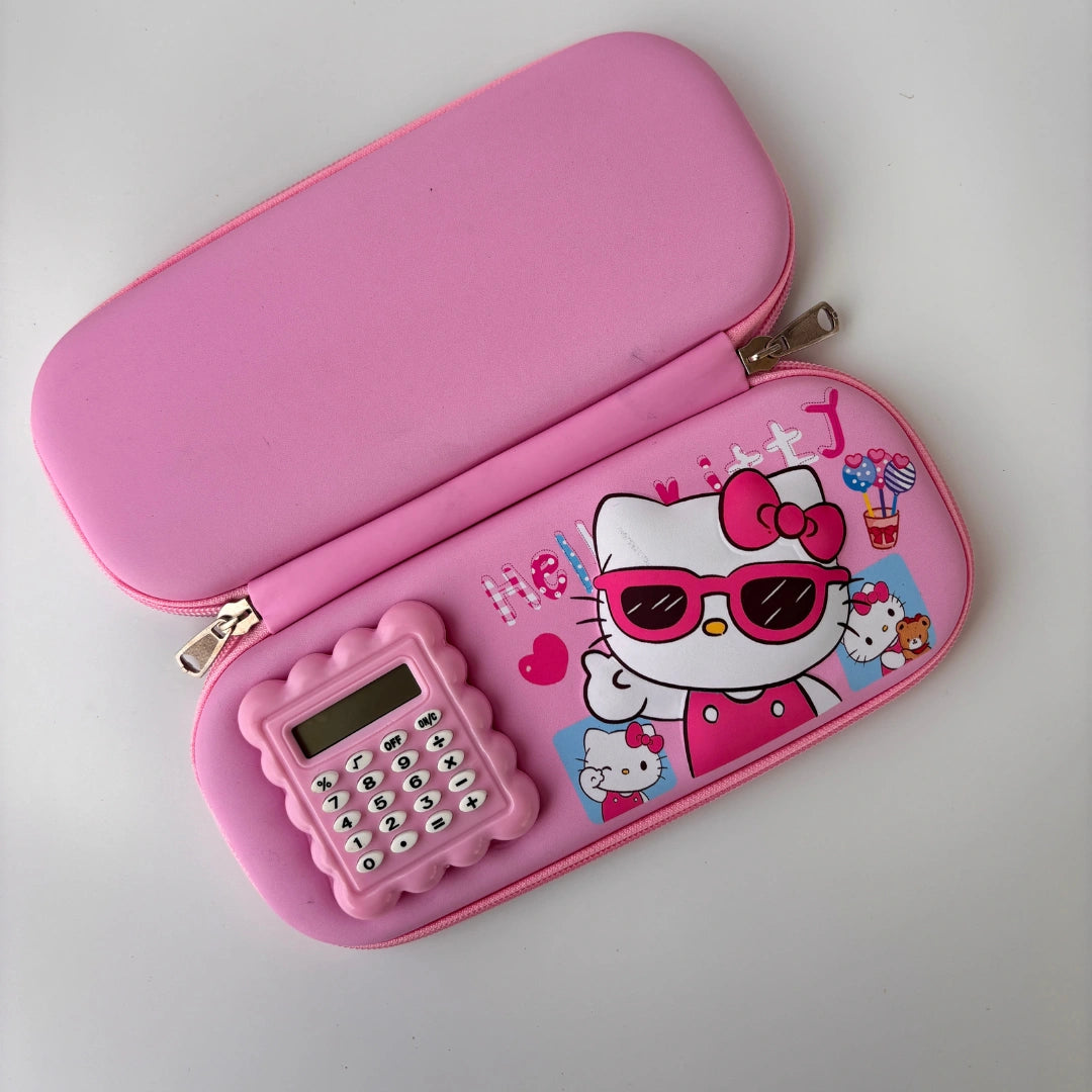 Cartoon Hard Case Pencil Pouch with Built-in Calculator