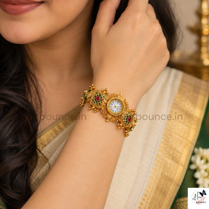Antique Gold Kundan Red & Green Stone Traditional Jewellery Watch