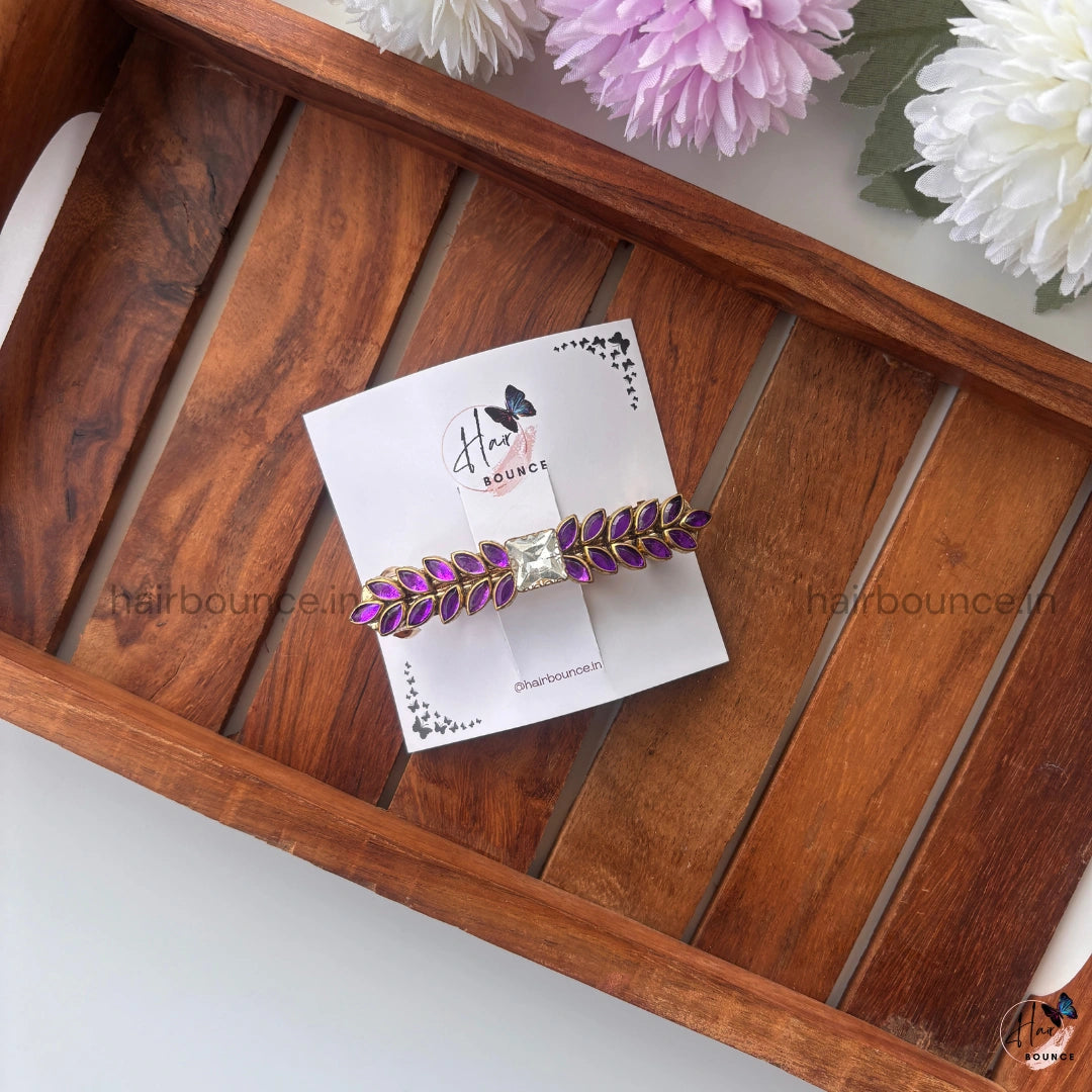 Royal Amethyst Leaf Crystal Barrette Hair Clip