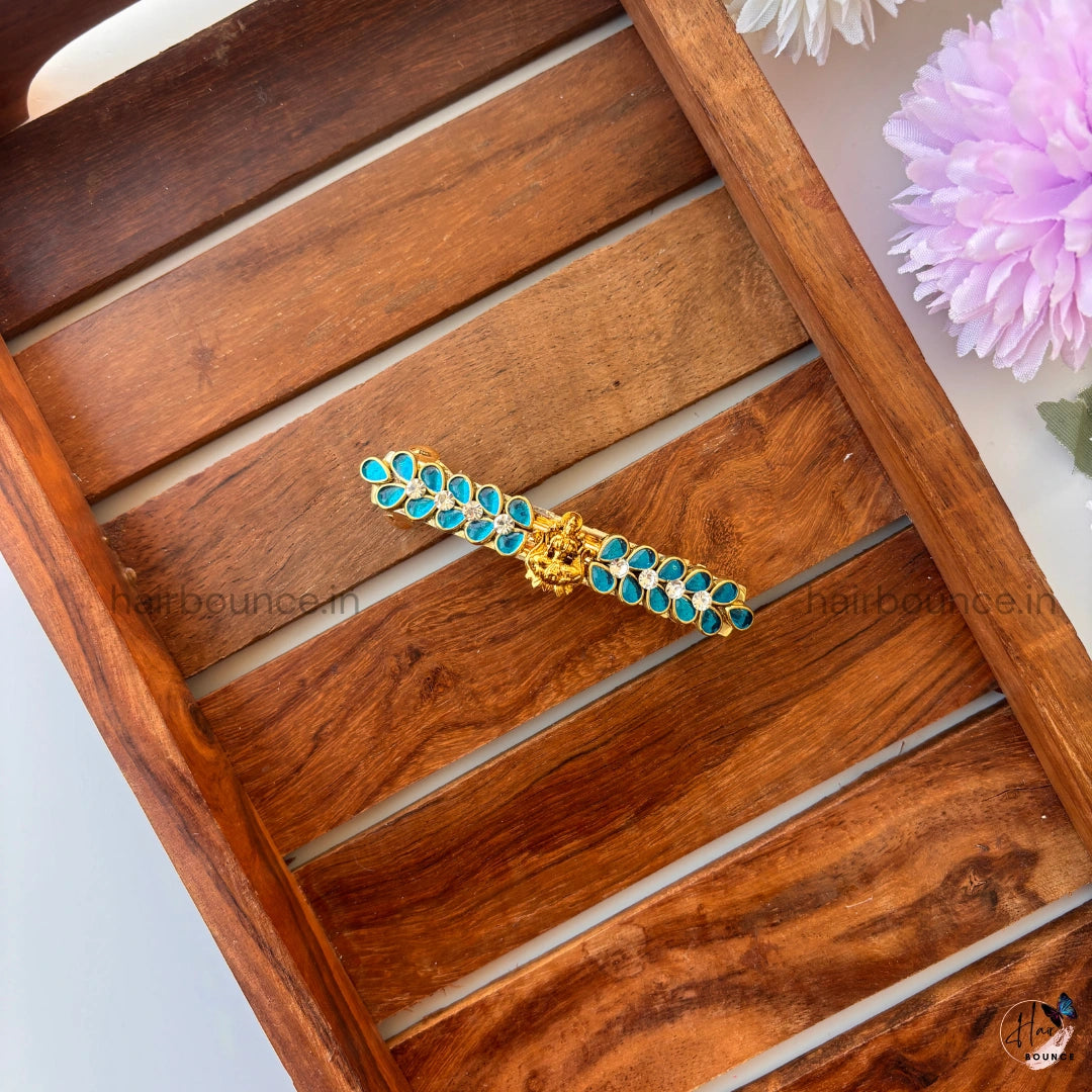 Teal Bloom Kundan Hair Barrette