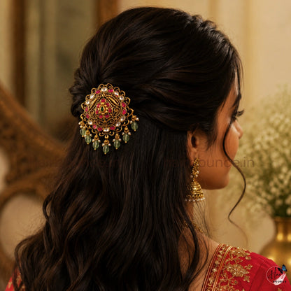 Royal Peacock Kemp Jada Billa with Green Beads & Kundan Stones
