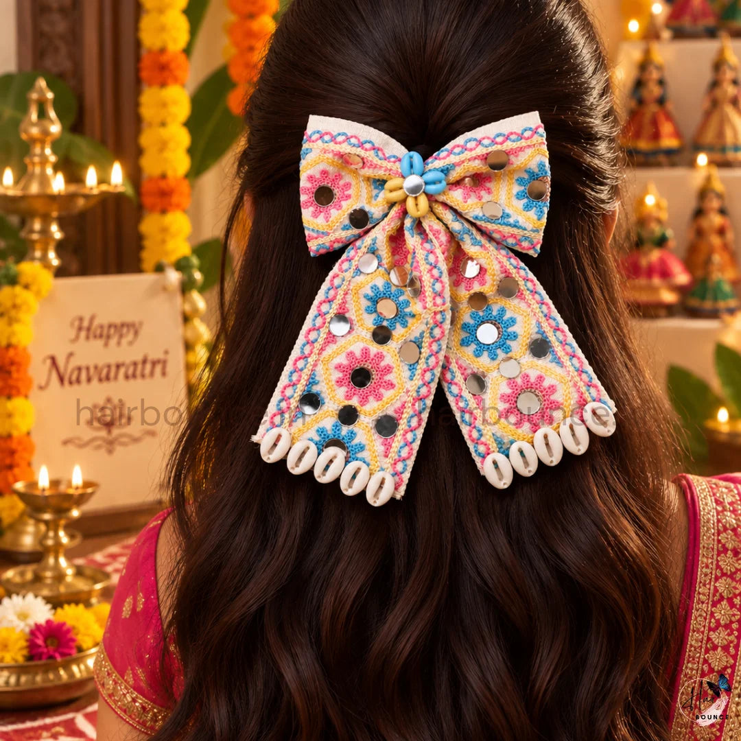Navaratri Mirror Work Embroidered Hair Bow with Cowrie Shells