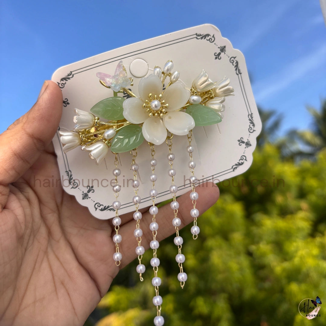 Pearl Jasmine Blossom Tassel Hair Clip with Dangling Chains