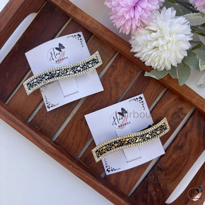 Vintage Noir Crystal Floral Hair Barrette – Elegant Black & Gold Statement Clip