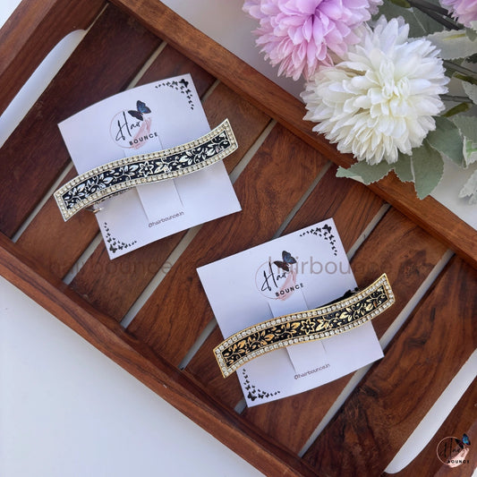 Vintage Noir Crystal Floral Hair Barrette – Elegant Black & Gold Statement Clip