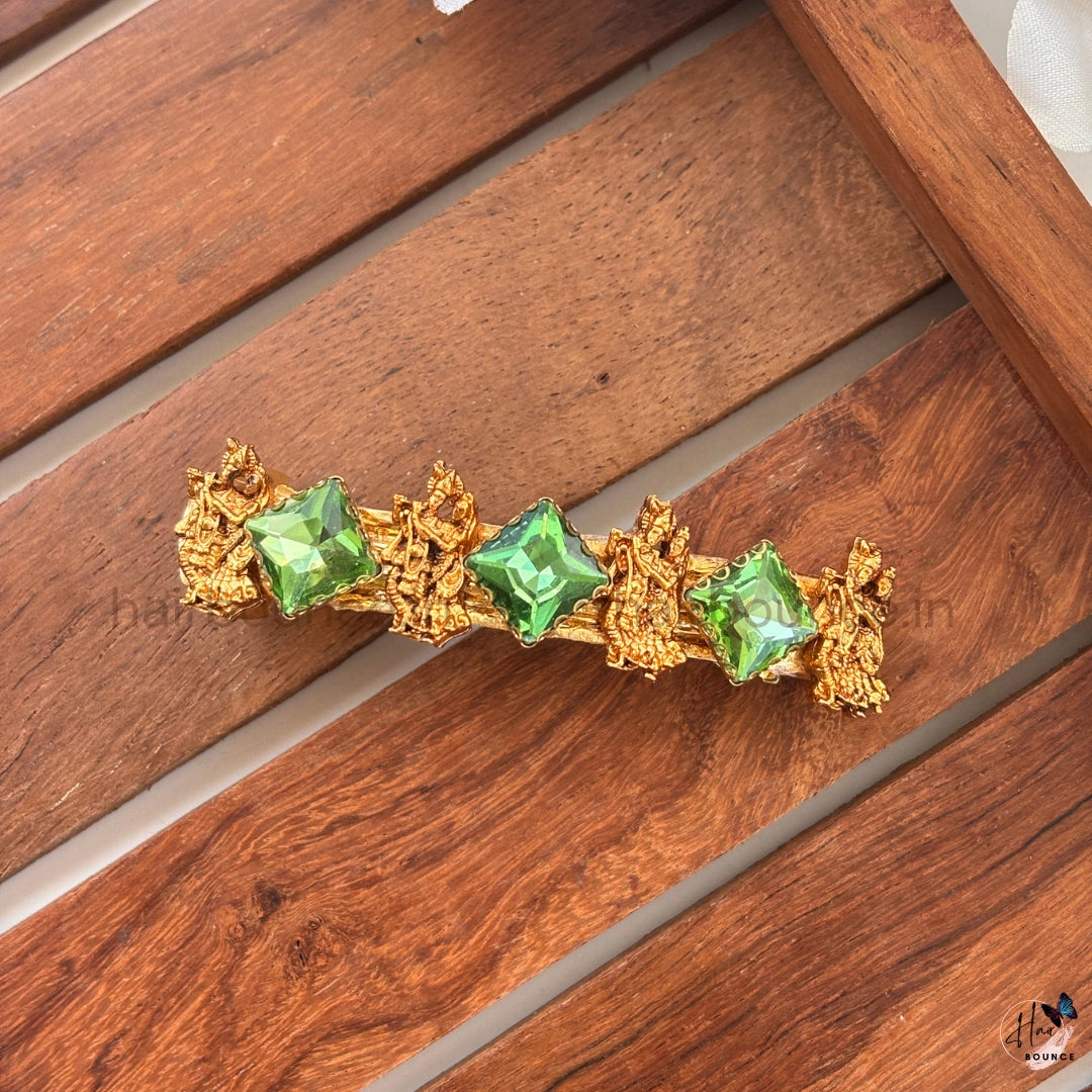 Radha Krishna Emerald Kundan Center Hair Clip