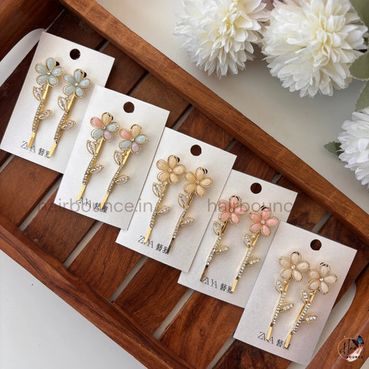 Elegant Floral Hair Pins – Crystal Flower Gold Hair Clips (Set of 2)