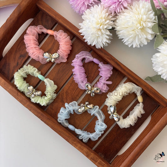 Crystal Butterfly Organza Scrunchie – Premium Pastel Hair Tie