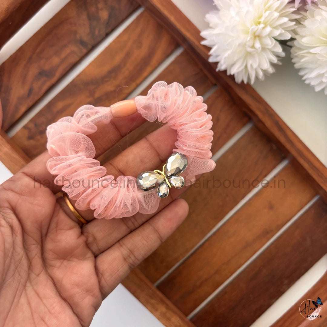 Crystal Butterfly Organza Scrunchie – Premium Pastel Hair Tie