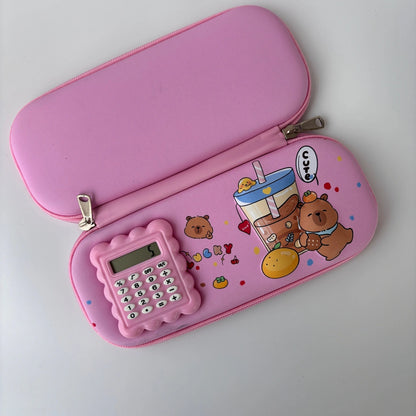 Cartoon Hard Case Pencil Pouch with Built-in Calculator