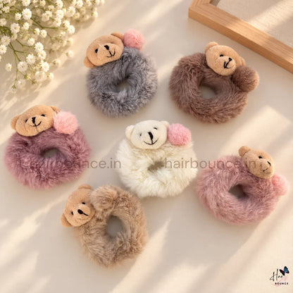 Cute Teddy Bear Fluffy Hair Scrunchie with Pom Pom